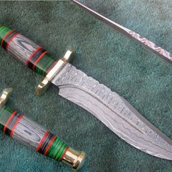 damascus bowie knife , hand made damascus steel fixed blade hunting knife