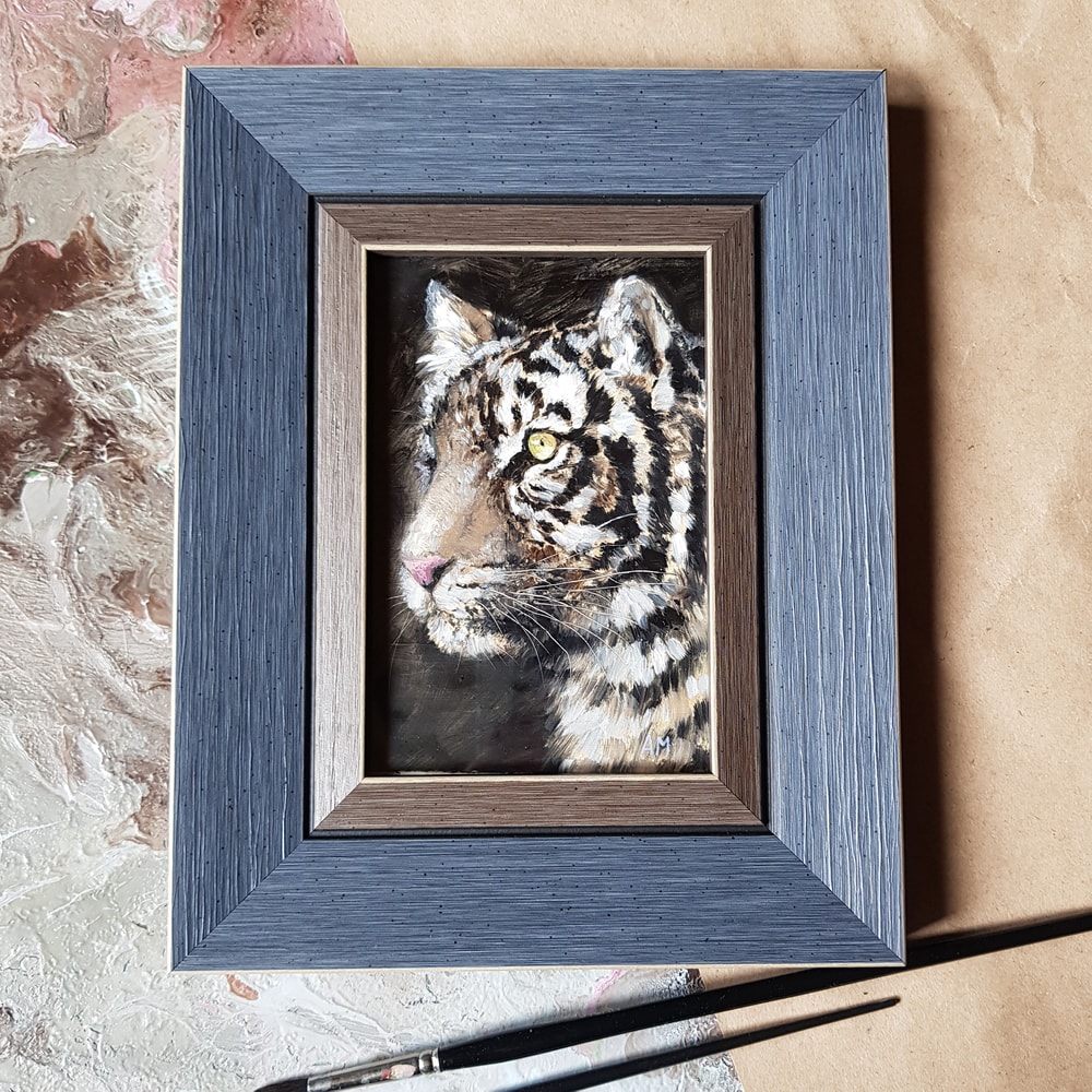 03 Small oil painting in a frame under glass - Tiger 5.9 - 3.9 in..jpg