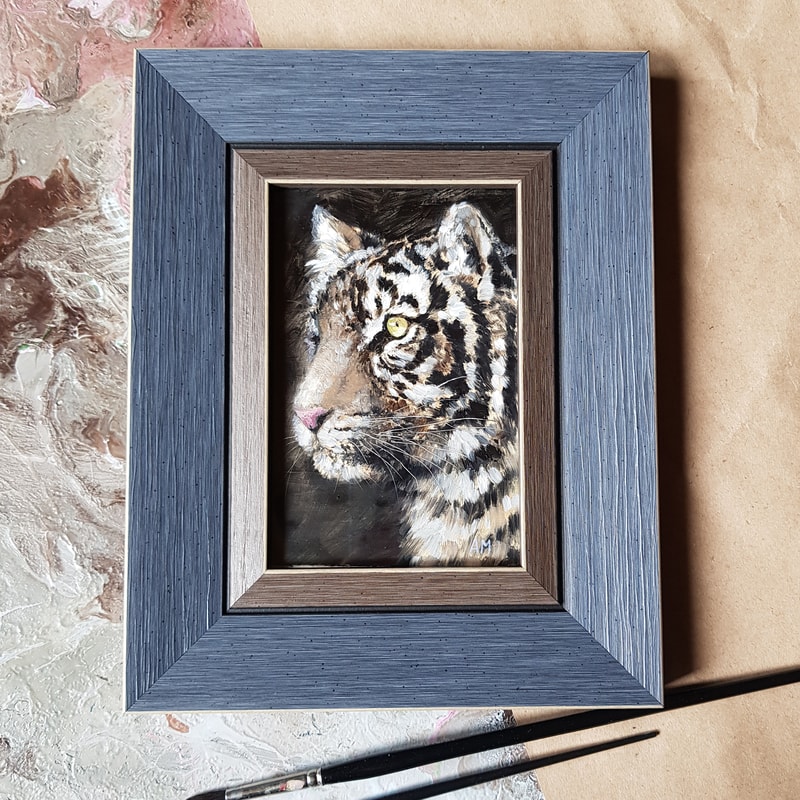 03 Small oil painting in a frame under glass - Tiger 5.9 - 3.9 in..jpg