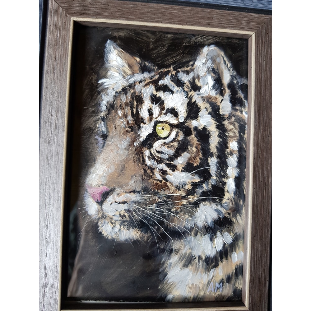 2 Small oil painting in a frame under glass - Tiger 5.9 - 3.9 in..jpg