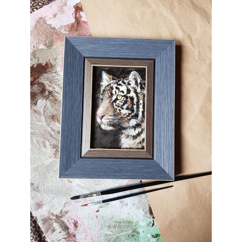 3 Small oil painting in a frame under glass - Tiger 5.9 - 3.9 in..jpg