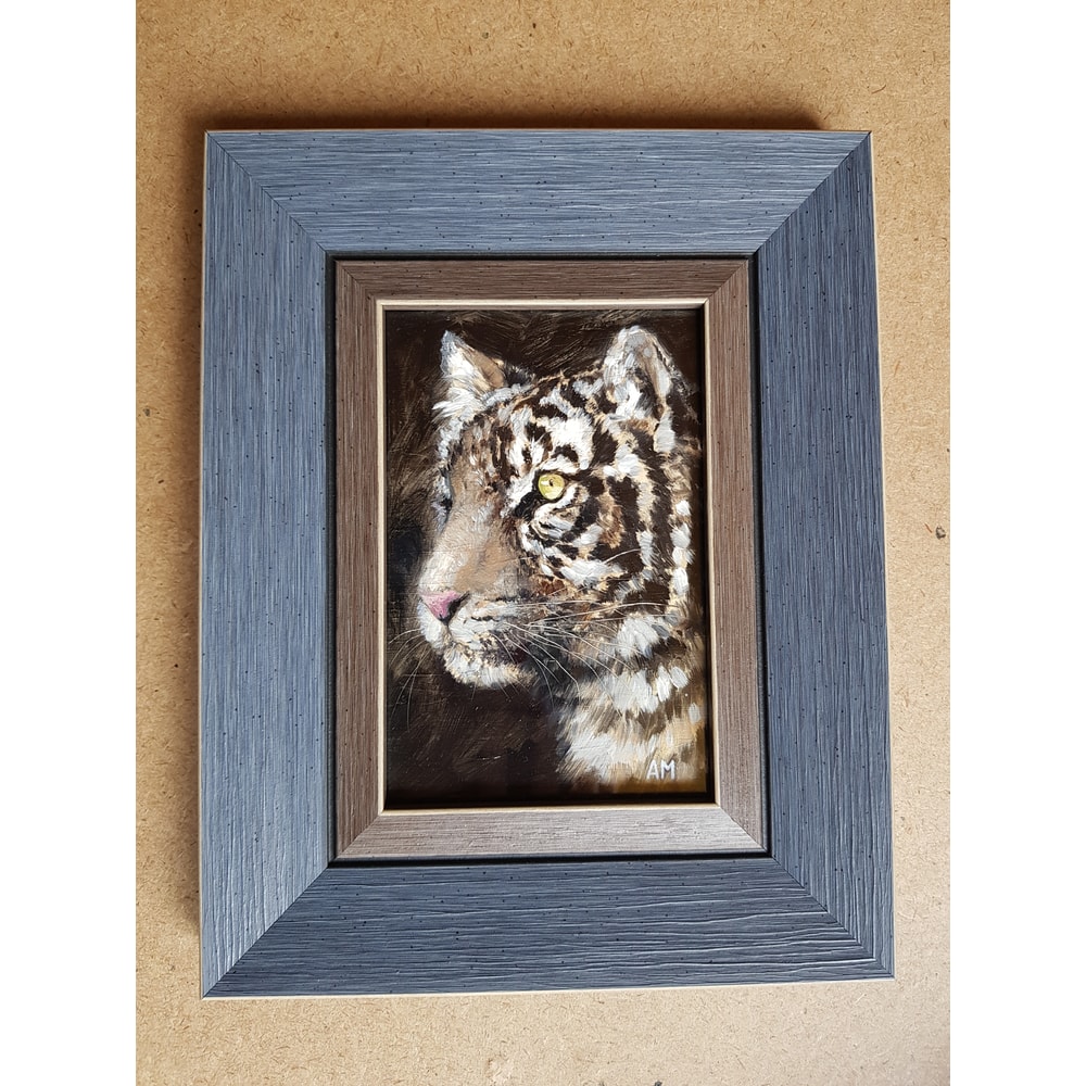 5 Small oil painting in a frame under glass - Tiger 5.9 - 3.9 in..jpg
