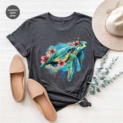 cute turtle shirt, floral sea turtle graphic tees, save the turtles clothing, sea animals gifts, trendy oceans vneck shi