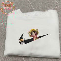 nike x luffy embroidered sweatshirt, one piece anime embroidered sweatshirt, custom anime embroidered hoodie, anime embr