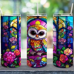 owl tumbler stained glass straight, seamless design, seamless skinny tumbler