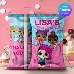 lol surprise birthday party chip bag diy, chip bag lol surprise template canva editable