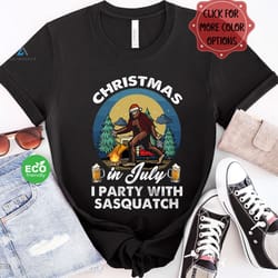 funny christmas in july i party with sasquatch tshirt, vintage bigfoot camping and drinking beer shirt, gift for camper