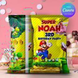 super mario bros chip bag birthday party diy, super mario bros chip bag template canva editable instant download