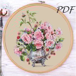 cross stitch pattern roses and raspberries (with a bumblebee) counted cross stitch design for embroidery pdf