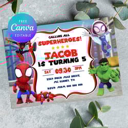 spidey and his amazing friends birthday party invitation diy template canva editable