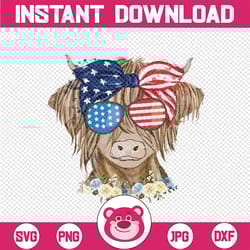 highland cow heifer bandana american flag 4th of july png, highland cow 4th of july png, independence day, digital