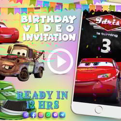 cars birthday video invitation for boy or girl, lightning mcqueen animated kid's birthday party invite