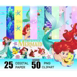 little mermaid digital paper, ariel png clipart instant download, little mermaid birthday, princess clipart, princess pn