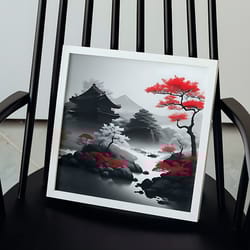 japanese painting "peaceful temple" digital art print: white, black, red palette - perfect for home decor and gifts