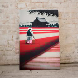 japanese painting "rice field" digital art print: white, black, red palette - perfect for home decor and gifts