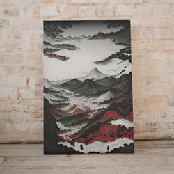 japanese ukiyo-e painting "climbing the mountains" digital art print: white, black, red palette