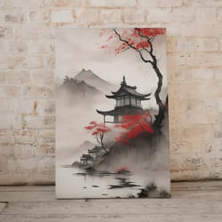 japanese watercolor painting "silent temple" digital art print: white, black, red palette