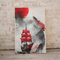 japanese watercolor painting "ship with scarlet sails" digital art print: white, black, red palette