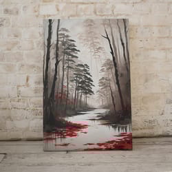 japanese watercolor painting "ancient forest" digital art print: white, black, red palette