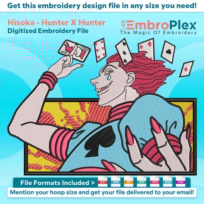 Anime-Inspired Hisoka Embroidery Design File main image - This anime embroidery designs files featuring Hisoka from Hunter X Hunter. Digital download in DST & P