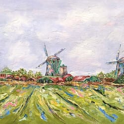 oil landscape painting on canvas dutch landscape with windmills abstract landscape impasto impressionism artworkart sale