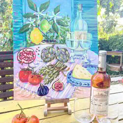 oil painting still life with lemons artichoke figs and wine food art wall decor matisse inspired original painting art