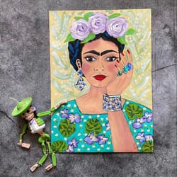 original acrylic painting frida kahlo portrait on paper woman artist woman portrait mexican art naive abstract art gift