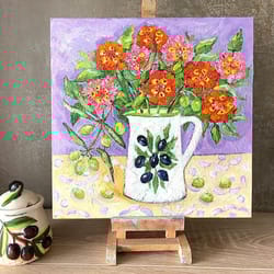 original oil painting with flowers bouquet with olive branch still life flowers painting wall decor fauvism naive art