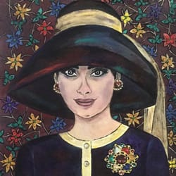 lady in hat audrey hepburn woman portrait original acrylic painting on paper fauvism wall decor interior art art gift