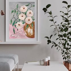 acrylic flowers painting still life with white flowers and pearls original abstract artwork flowers bouquet wall decor