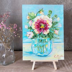 oil painting with pansies flowers bouquet oil on canvas still life wall decor naive art flowers painting art gift ideas