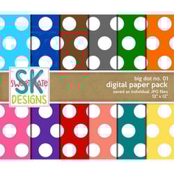 big polka dot, digital paper pack, digital pattern, jpg, 300 dpi, 12x12 inches, digital scrapbooking, 12 digital papers,
