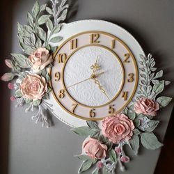 Nursery decor Large white wall clock with 3D roses Silent wall clock for bedroom , girl's room Shabby chic decor
