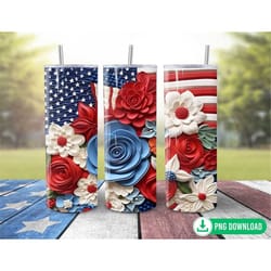 3d us flag flowers 4th of july tumbler wrap png, patriotic floral american flag tumbler wrap, 20oz skinny straight tumbl