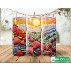 3d strawberry field landscape tumbler wrap png, seamless summer sunrise tumbler sublimation, 20oz skinny tumbler png, fr
