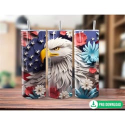 3d 4th of july bald eagle tumbler wrap png, american flag patriotic floral tumbler sublimation, 20oz skinny tumbler png,