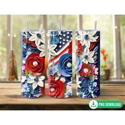 3d american flag flowers 4th of july tumbler wrap png, 3d red white & blue flower seamless tumbler wrap, 20oz skinny tum