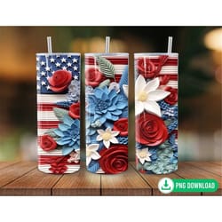 3d floral patriotic 4th of july tumbler wrap png, american flag flowers seamless tumbler wrap, 20oz skinny straight tumb