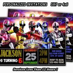 power rangers invitation, power rangers birthday, birthday party invitation, personalized invitations