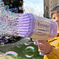 Bubble Gun Rocket 69 Holes Soap Bubbles Machine Gun Shape Automatic Blower With Light Toys For Kids