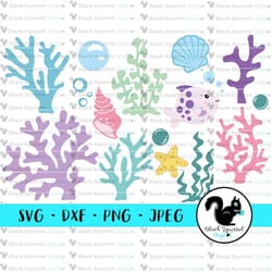 under the sea, seaweed, coral, starfish, sea shells, fish mermaid party svg, clipart, print and cut file, stencil, silho