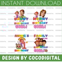 cocomelon personalized name and ages bundle png, cocomelon daddy and mommy of birthday girl, cocomelon family birthday p