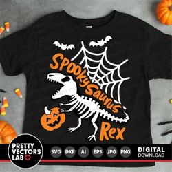 Halloween Svg, Dinosaur Skeleton Svg, Spooky Saurus Rex Svg, Kids Cut Files, Funny T-Rex with Pumpkin Svg, Dxf, Eps, Png