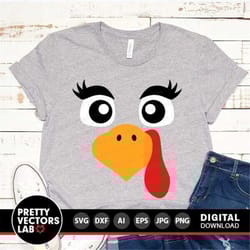 girl turkey face svg, cute turkey svg, thanksgiving svg dxf eps png, kids cut files, girls turkey clipart, monogram svg,