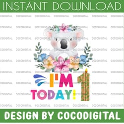 koala birthday png, i'm today 1 birthday koala png, birthday png, birthday sublimation printing