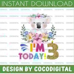 koala birthday png, i'm today 3 birthday koala png, birthday png, birthday sublimation printing