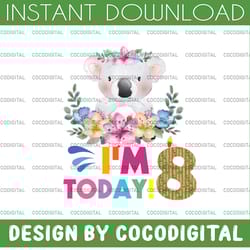 koala birthday png, i'm today 8 birthday koala png, birthday png, birthday sublimation printing