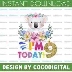 koala birthday png, i'm today 9 birthday koala png, birthday png, birthday sublimation printing