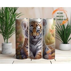 Tiger Flowers Neon 20 oz Skinny Tumbler Sublimation Design, Baby Tiger, Straight Tumbler Wrap PNG