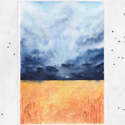 wheat field painting landscape painting postcard original watercolor painting 5x7"